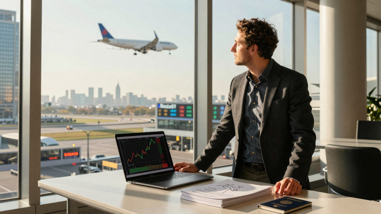 Homem em terno observa avião ao lado de laptop com gráfico financeiro em escritório próximo ao aeroporto.