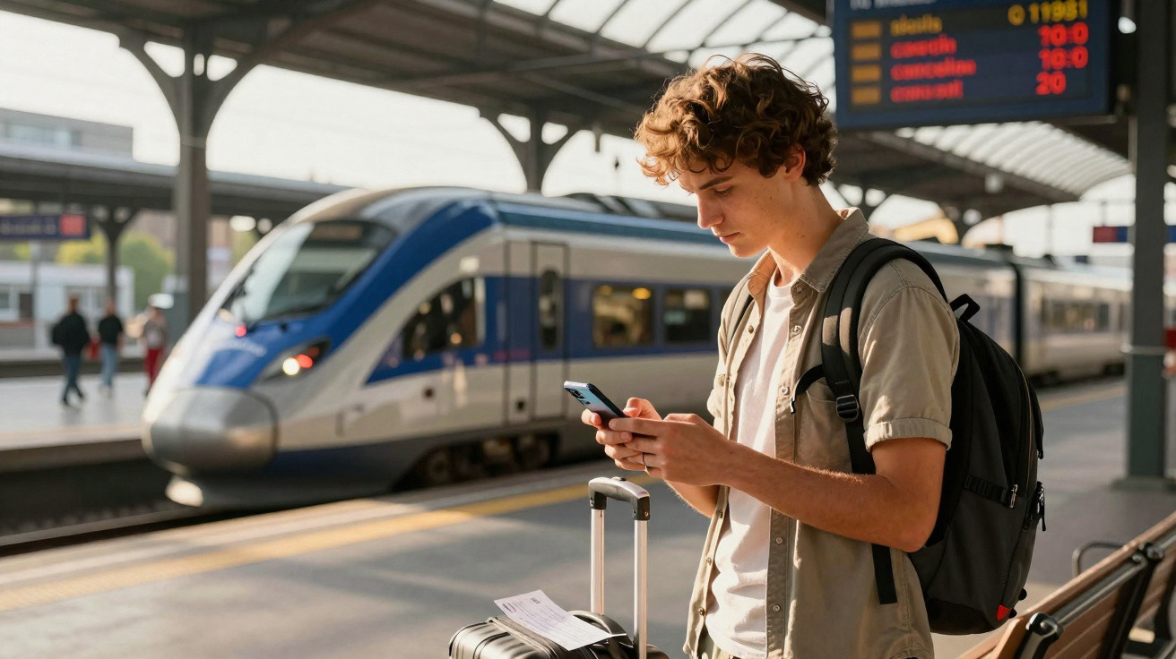 Jovem com mochila e mala olhando para celular em plataforma de estação ferroviária com trem ao fundo.