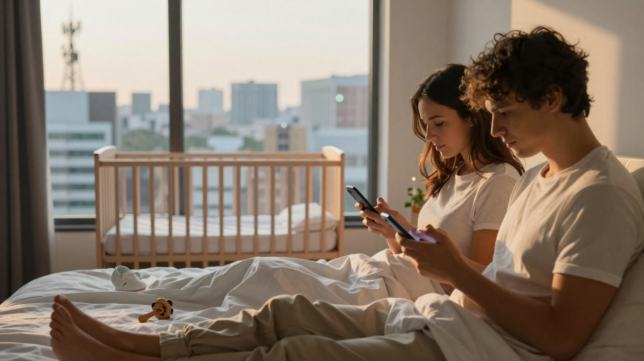 Casal jovem usando celulares na cama, com berço vazio ao fundo em quarto com janela grande.