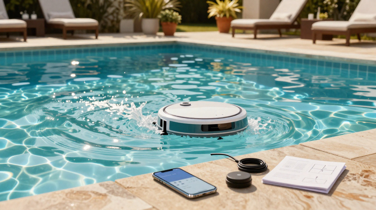 Robô aspirador limpando piscina azul com smartphone, manual e cabos na borda de pedra.