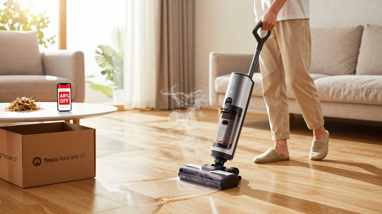 Pessoa usando aspirador de pó Tineco Floor One S7 para limpar sujeira líquida em piso de madeira.