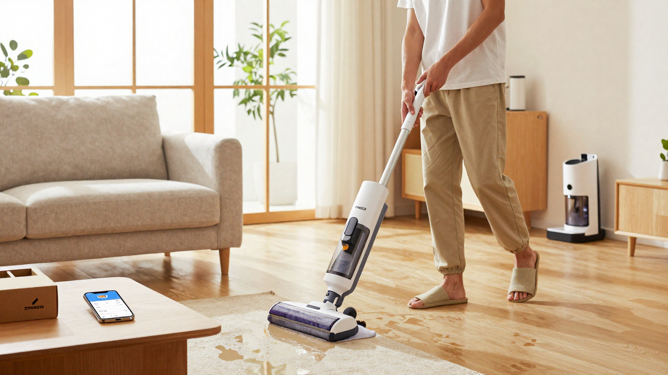 Pessoa usando mop aspirador para limpar líquido derramado em tapete de sala com sofá e móveis de madeira.