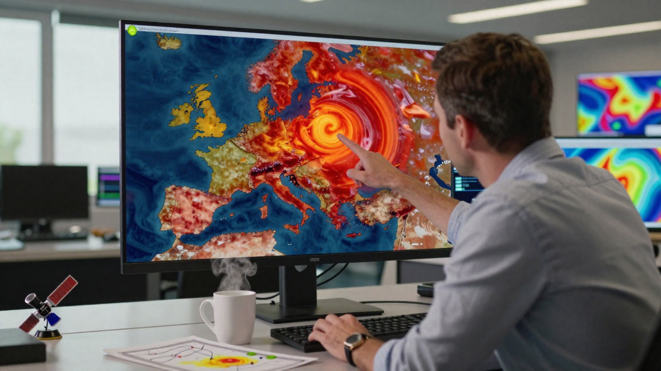 Homem analisa mapa de tempestade intensa na Europa em grande monitor de computador em escritório moderno.