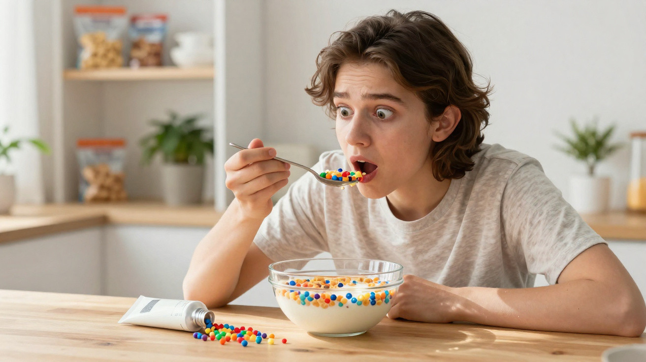Pessoa surpresa comendo cereal colorido em tigela de vidro na cozinha.