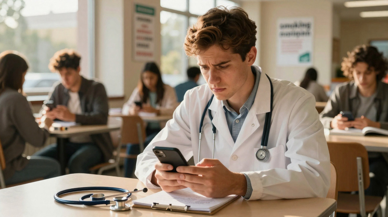 Estudante de medicina com jaleco e estetoscópio usando celular em sala de aula.