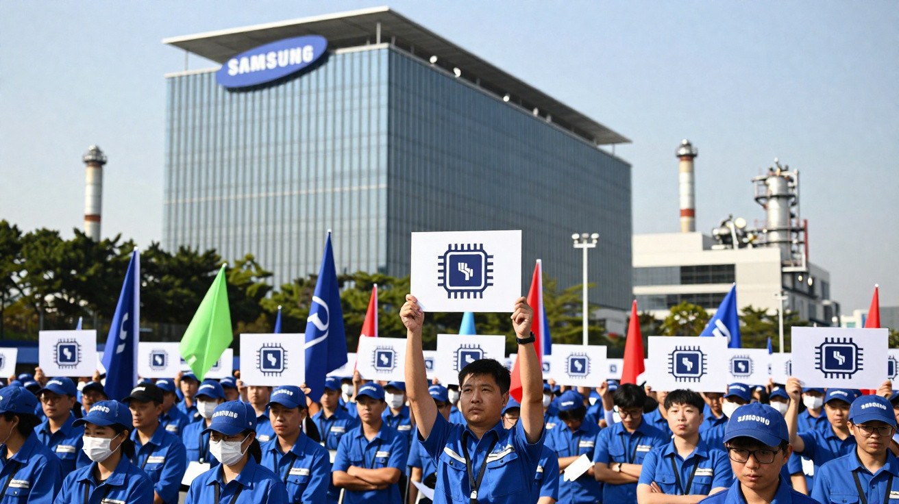 Funcionários da Samsung de azul protestam com placas em frente ao prédio da empresa em dia ensolarado.