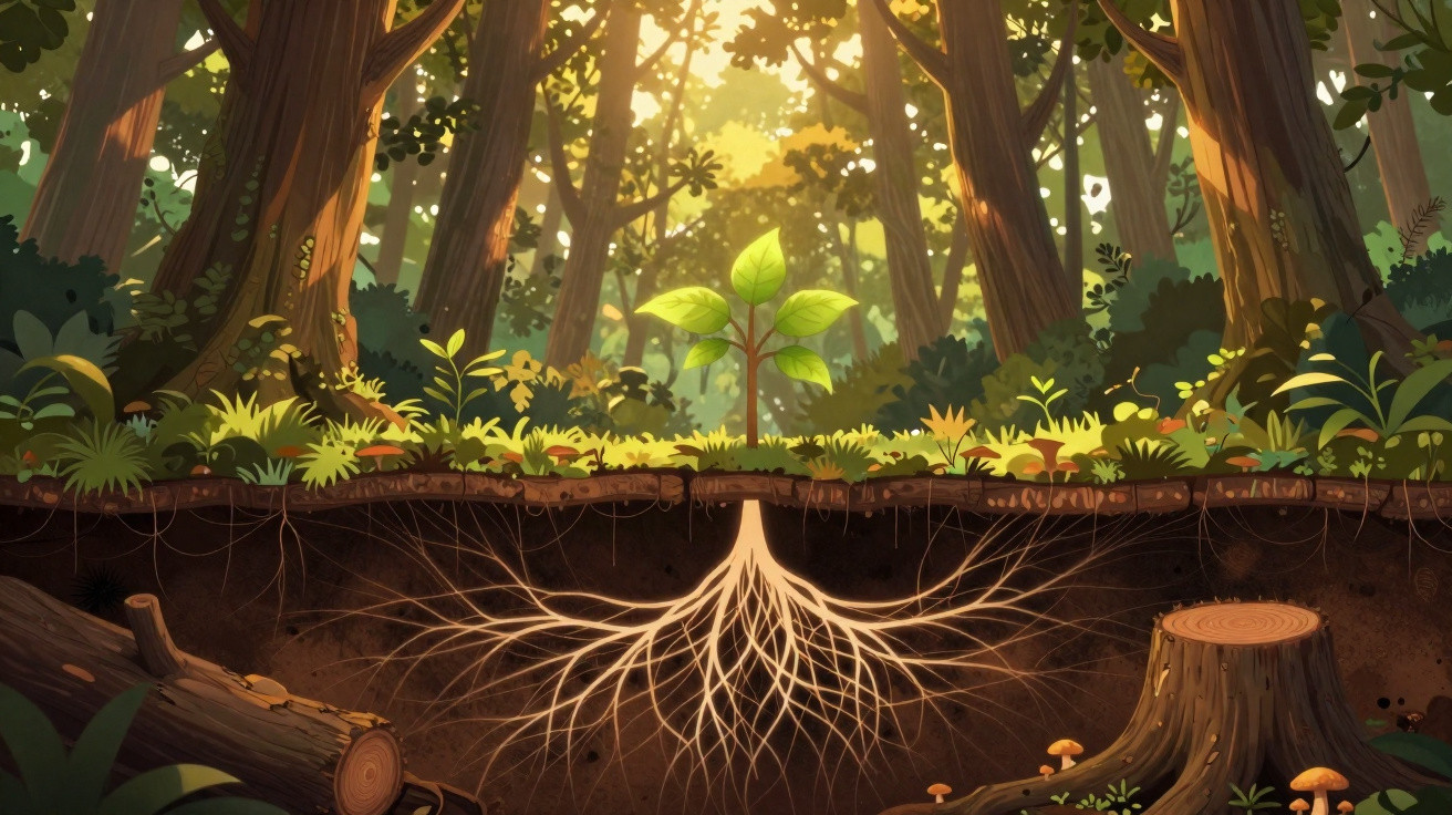 Ilustração de floresta com árvore jovem e suas raízes expostas ao lado de troncos cortados no solo.