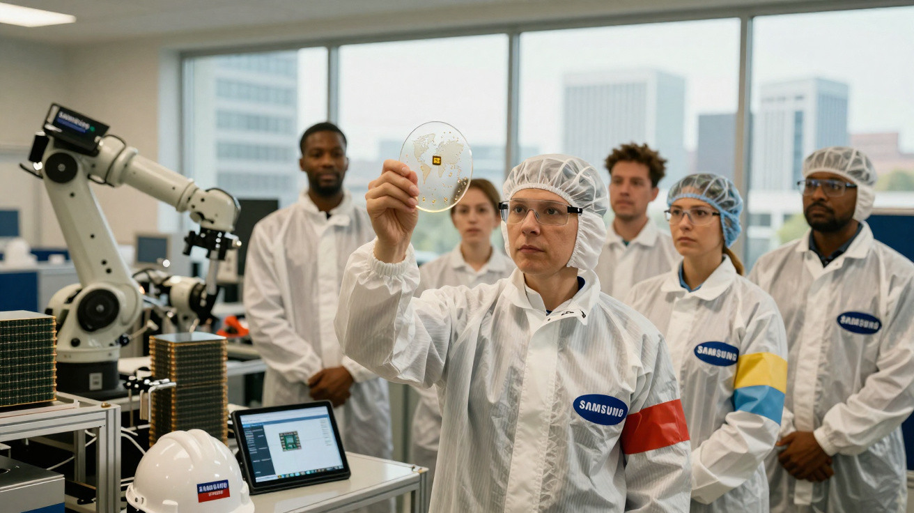 Equipe de cientistas em laboratório vestindo jalecos e analisando chip eletrônico.