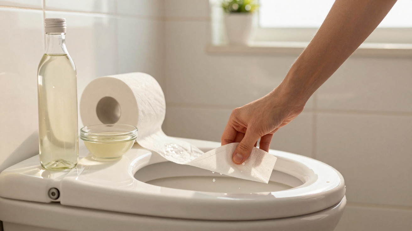 Mão segurando papel e limpando vaso sanitário, ao lado papel higiênico, óleo e recipiente com líquido.