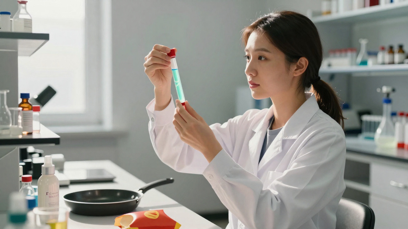 Mulher cientista em jaleco analisando tubo de ensaio em laboratório moderno.