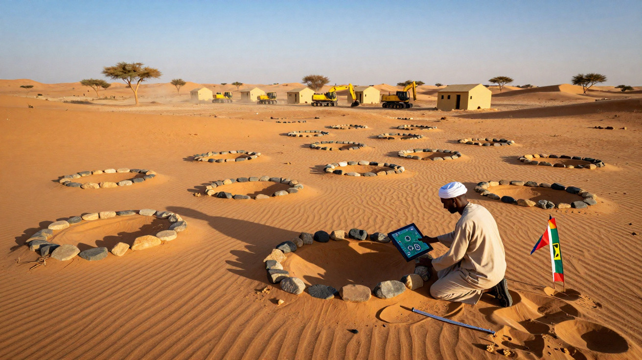 Homem com tablet em deserto ao lado de círculos de pedras e casas ao fundo sob céu azul.