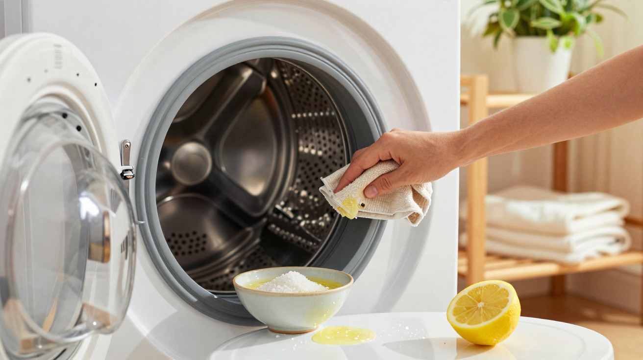 Mão espremendo limão sobre pano perto de máquina de lavar roupas para limpeza natural.