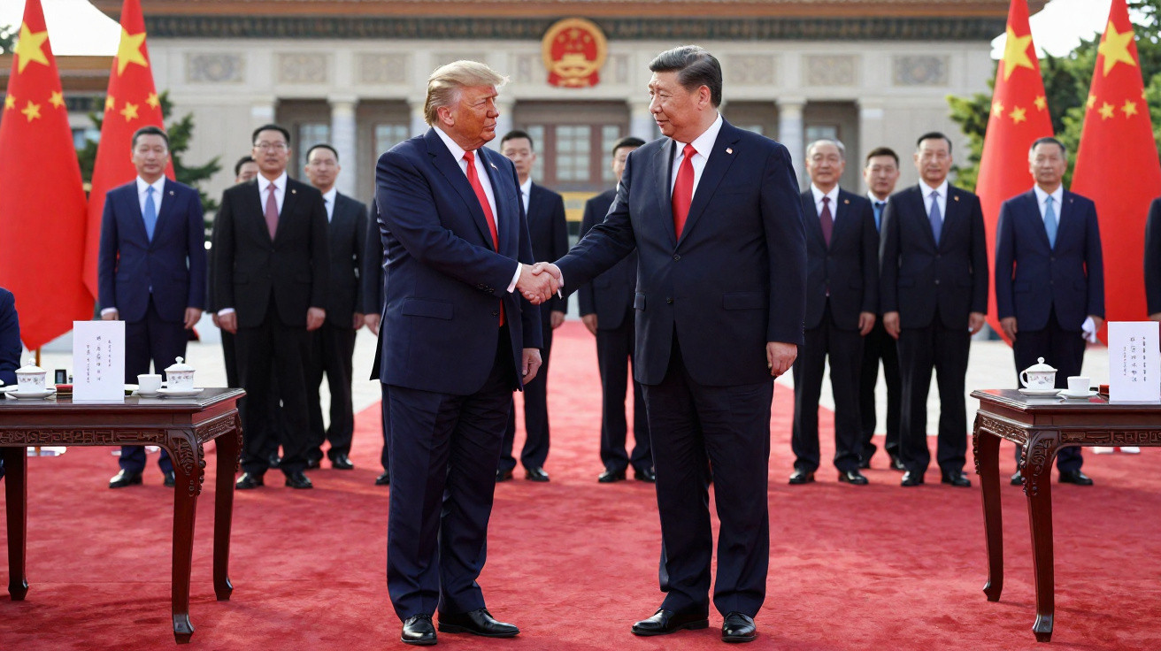 Dois líderes políticos apertam as mãos diante de bandeiras da China, com homens de terno ao fundo em tapete vermelho.