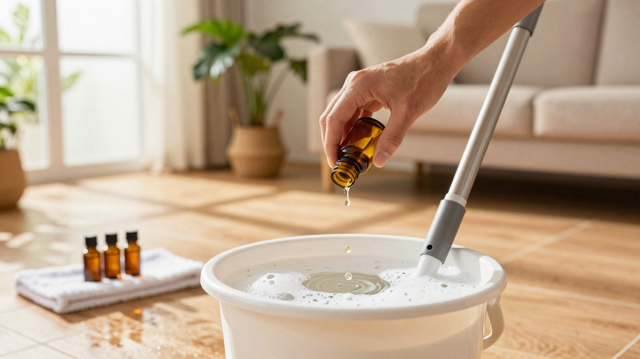 Pessoa adiciona óleo essencial em balde com água e espuma para limpeza no chão da sala.