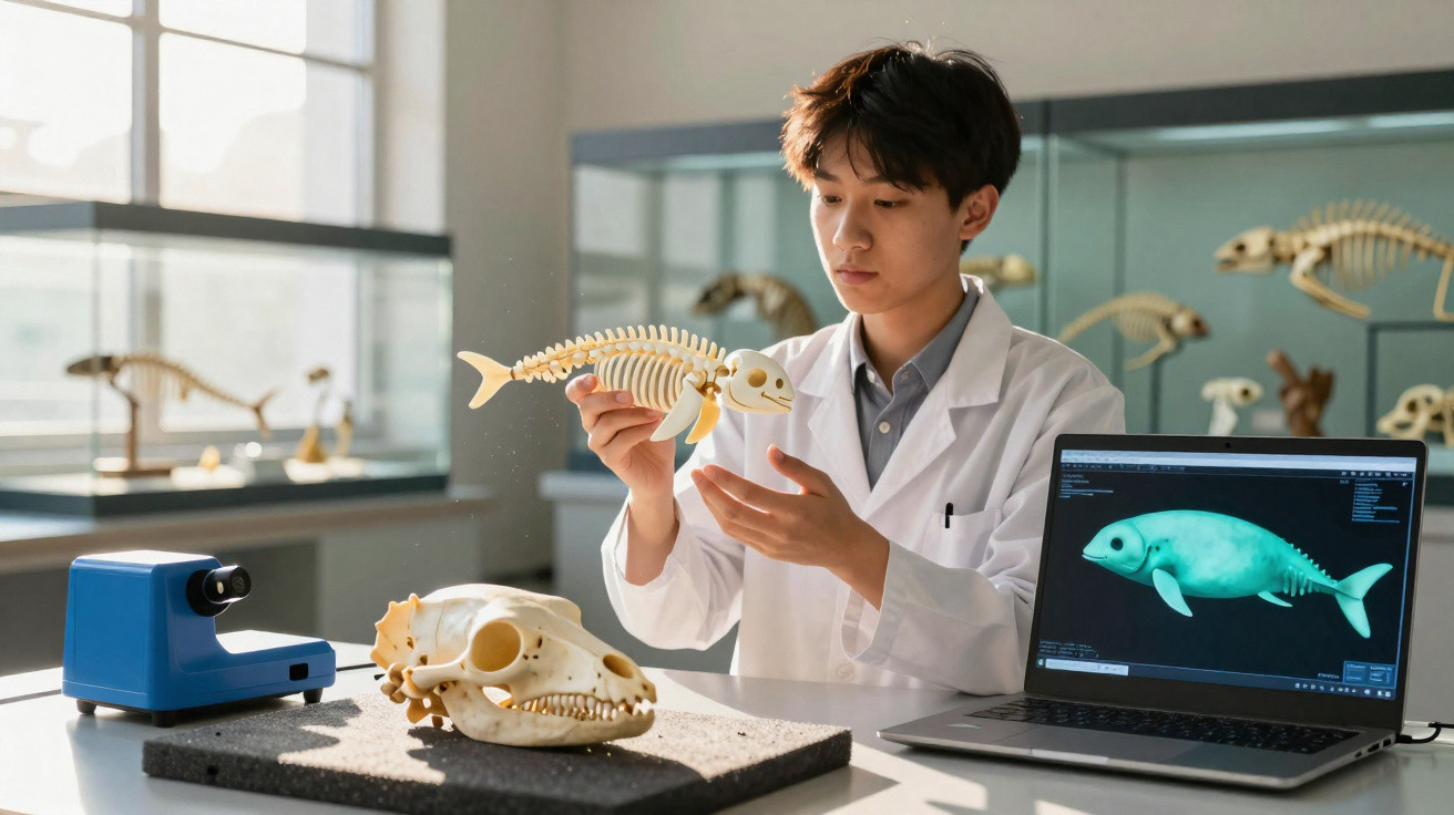 Jovem cientista em laboratório examina esqueleto de peixe com crânio animal e modelo 3D no laptop.
