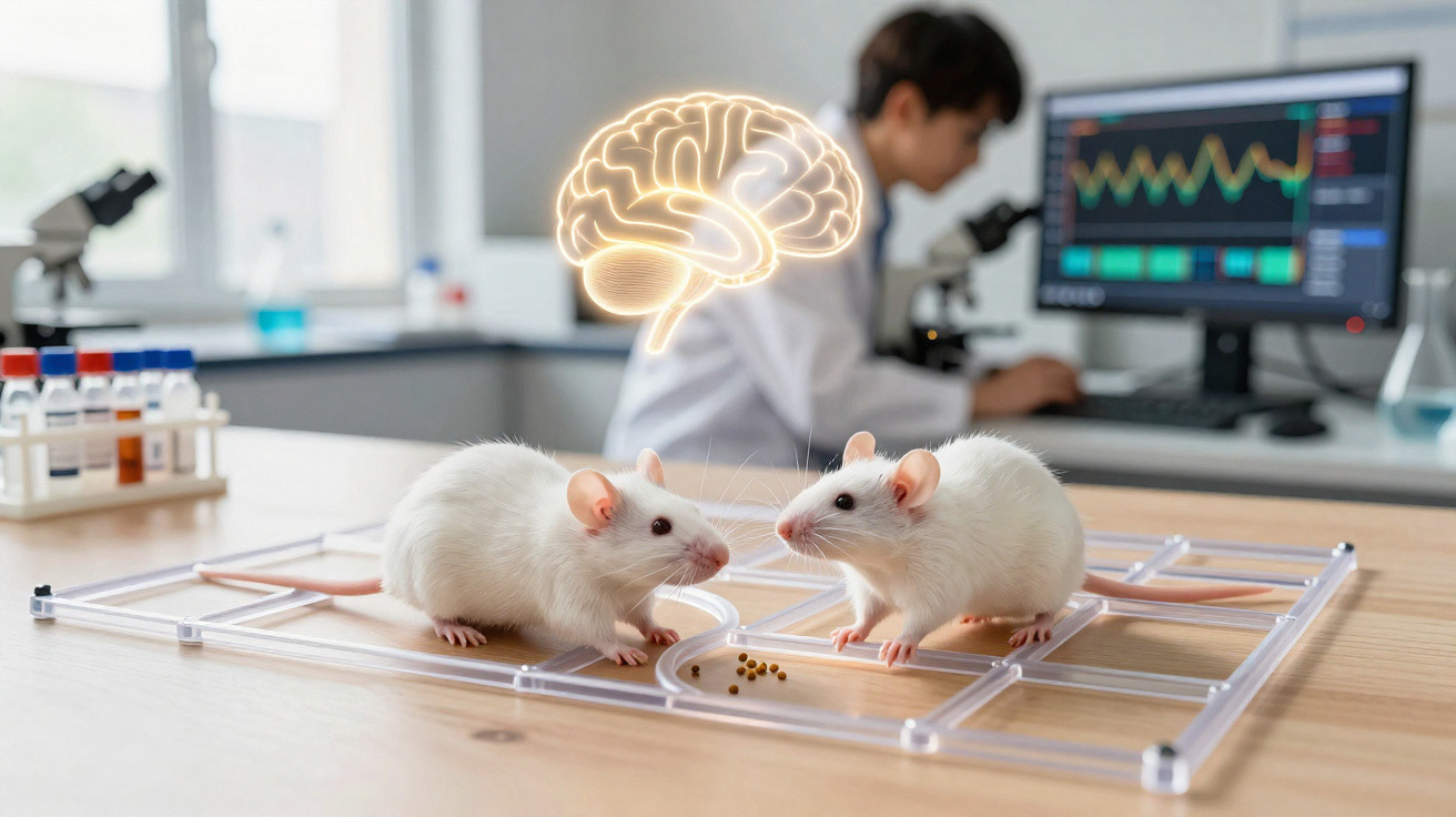 Dois ratos brancos em laboratório com cientista e gráfico ao fundo, representando estudo cerebral.