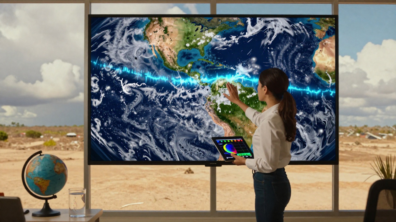 Pessoa usando tablet interage com tela gigante mostrando mapa da América Central e do Norte com linhas e nuvens.