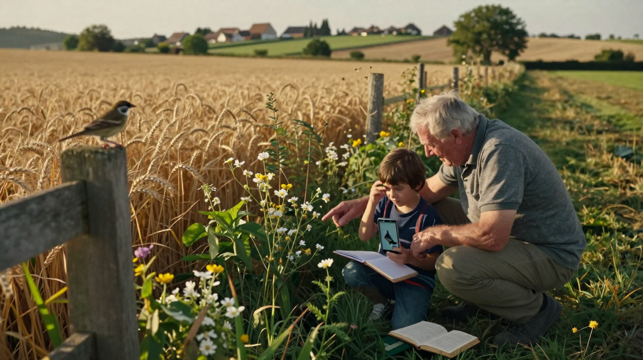 Avô e neto aprendem sobre pássaros em campo com plantas e trigo ao redor em dia ensolarado.