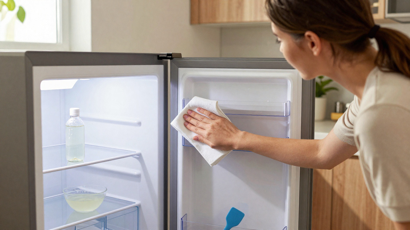 Mulher limpando a porta interna de uma geladeira quase vazia em cozinha moderna.