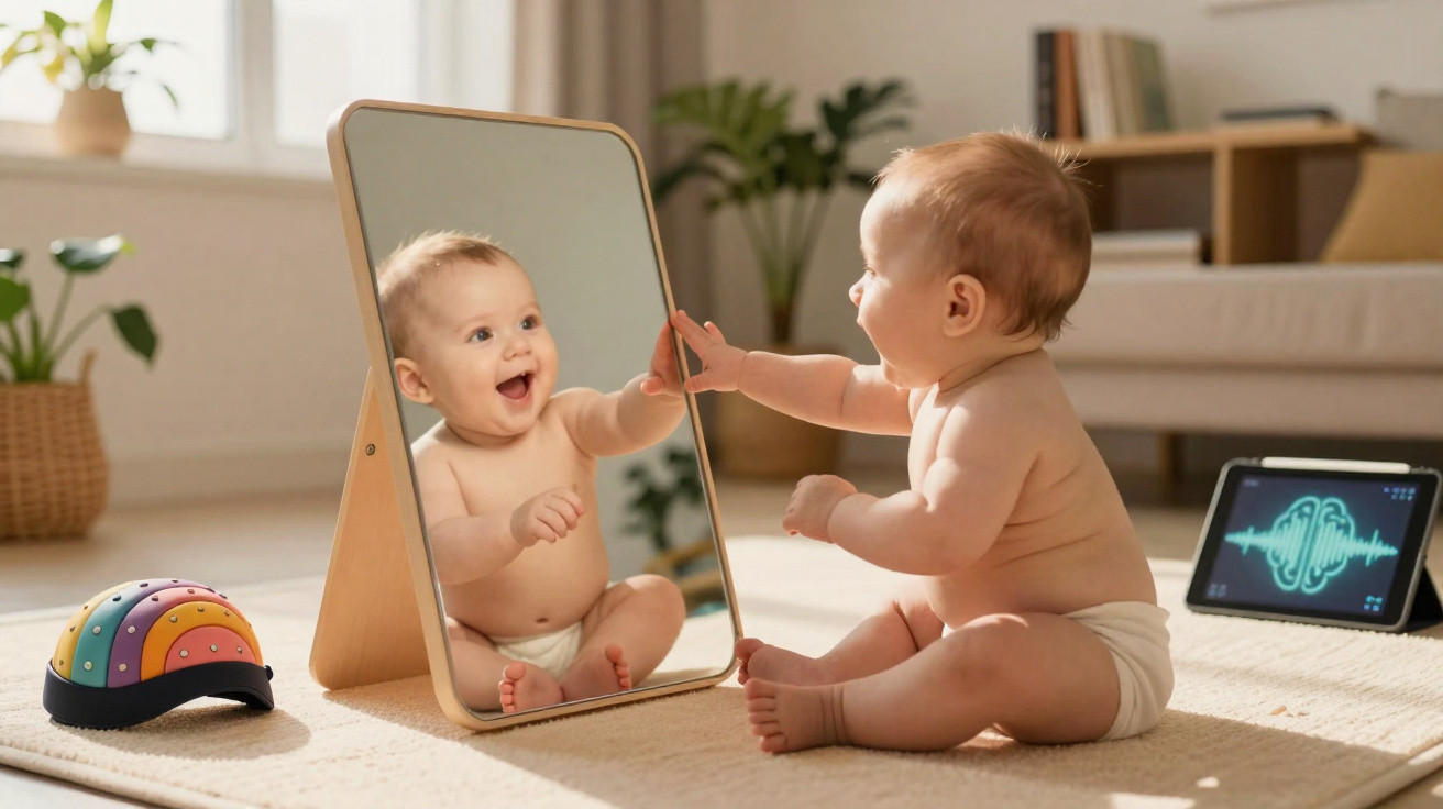 Bebê sentado no chão olhando e sorrindo para o próprio reflexo em um espelho apoiado no tapete.