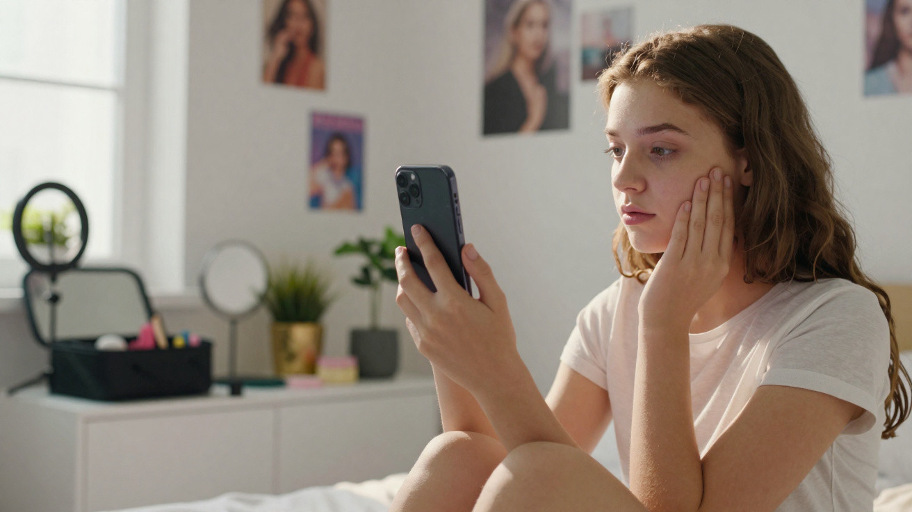 Jovem sentada na cama olhando para o celular com expressão pensativa em quarto iluminado.