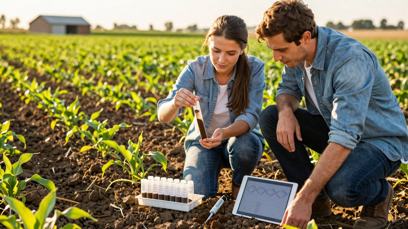 Dois jovens cientistas analisam amostras de solo em campo agrícola com tablet e tubos de ensaio.