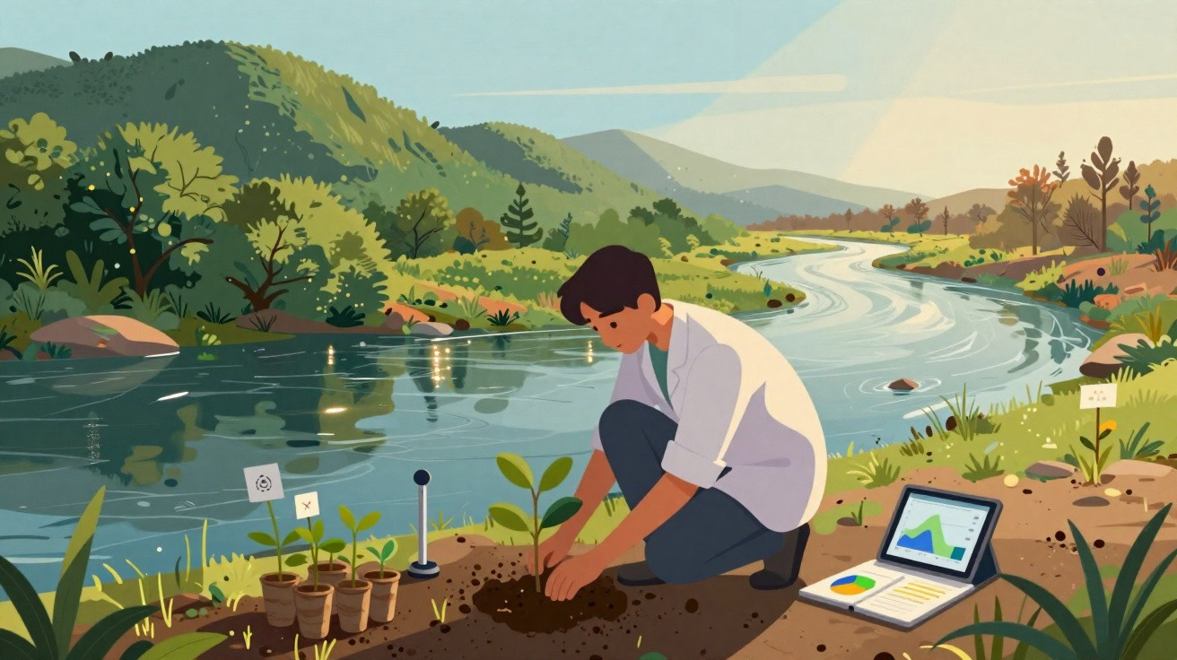 Pessoa plantando árvore perto de rio com laptop e mudas ao redor em paisagem natural montanhosa.