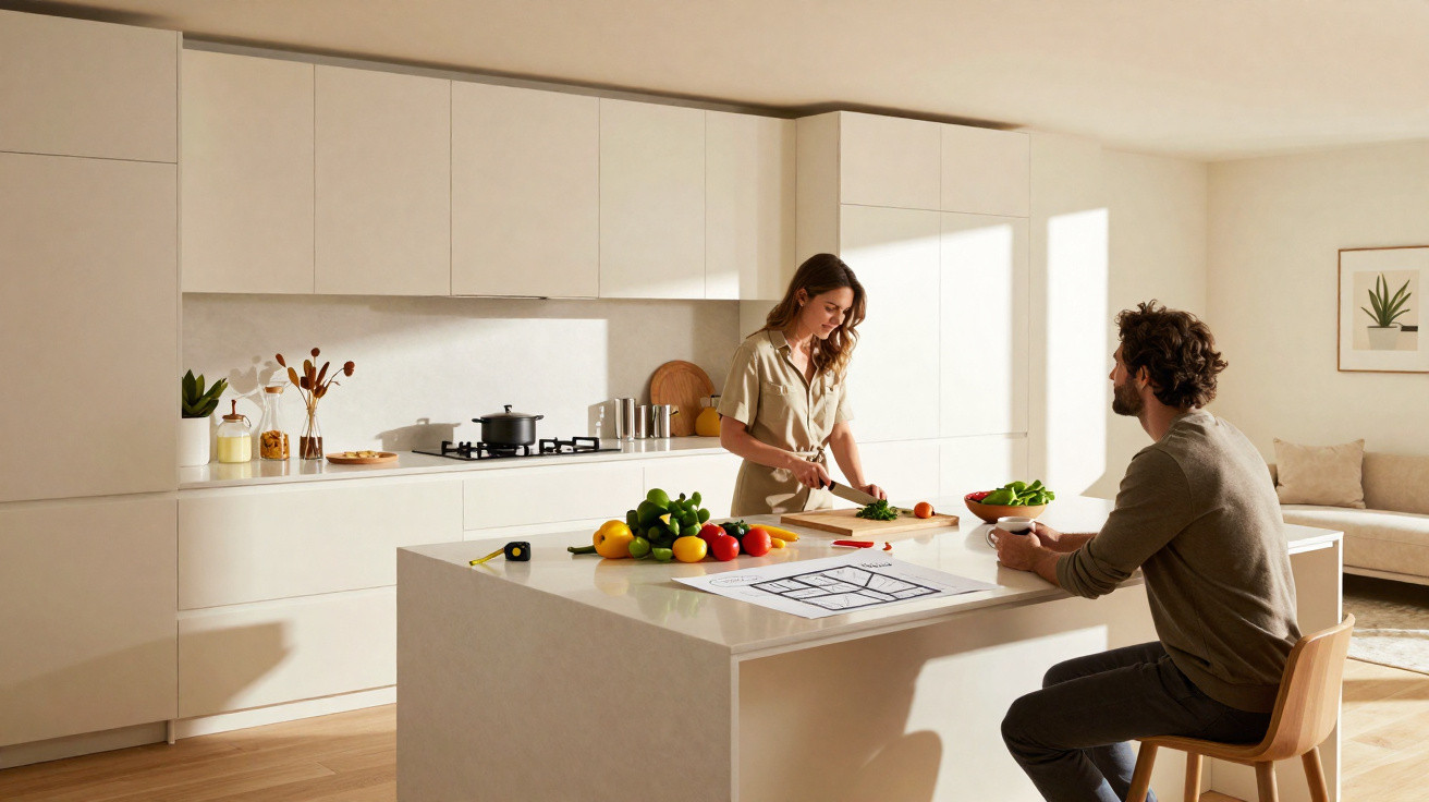 Casal em cozinha moderna clara, mulher cortando legumes e homem sentado na ilha central.