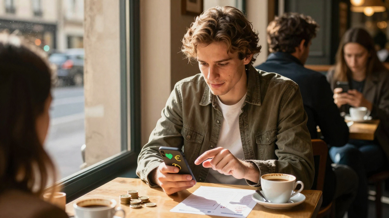 Jovem sentado em café, analisando finanças no celular com moedas e café sobre a mesa.