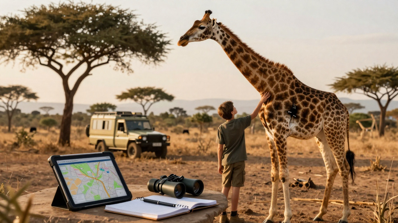 Menino toca girafa durante safári, com tablet, binóculos e caderno sobre mesa em paisagem de savana.