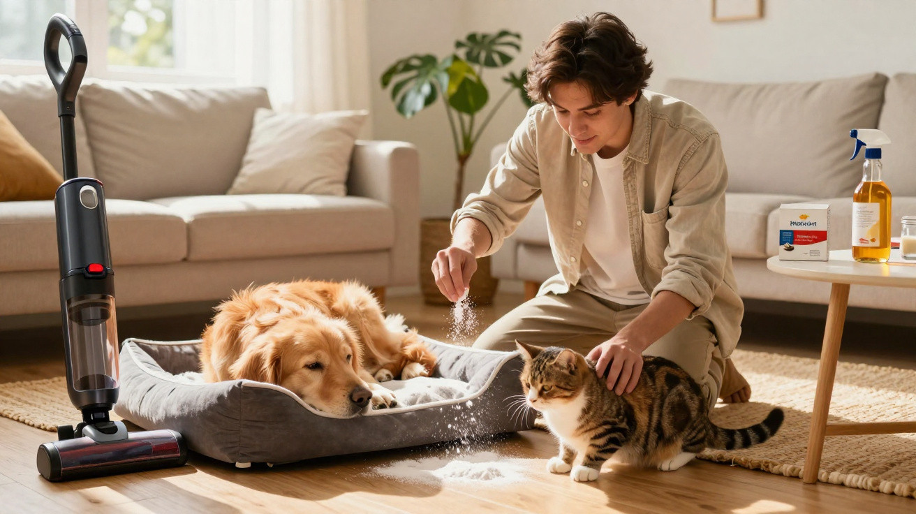 Jovem aplicando pó sobre gato ao lado de cachorro descansando em cama, aspirador e produtos de limpeza à vista.