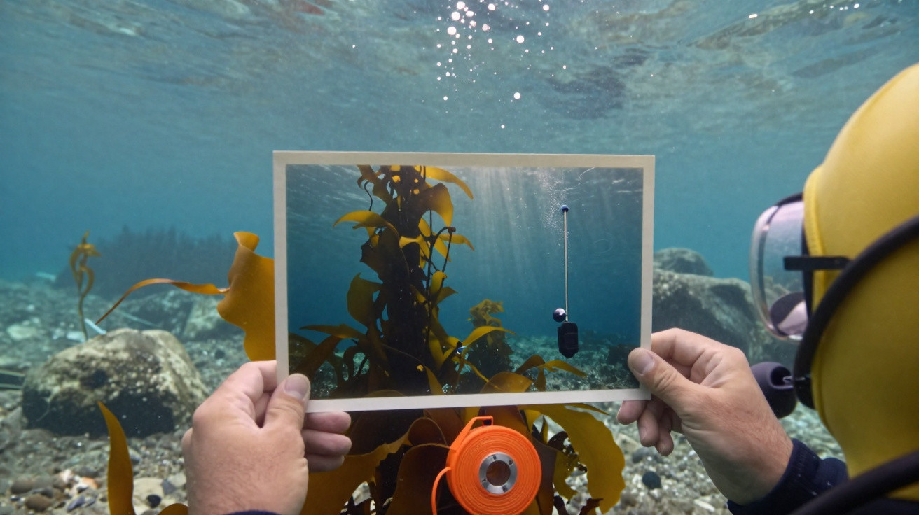 Mergulhador segura moldura embaixo d'água mostrando plantas marinhas e equipamento de mergulho.