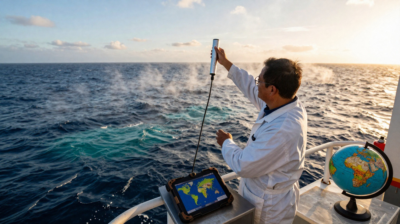 Pesquisador em barco no mar realiza medição científica com equipamento eletrônico e globo terrestre ao lado.