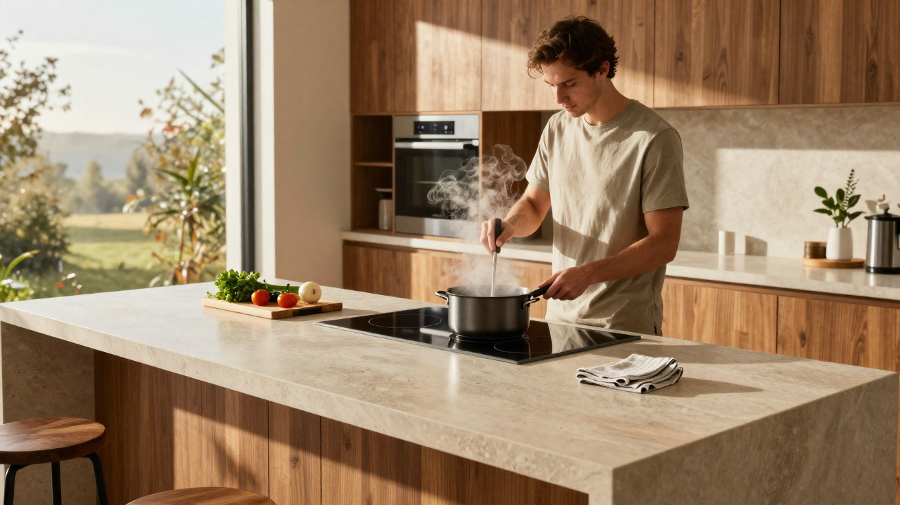 Homem cozinhando em cozinha moderna com bancada de mármore e vegetais à vista.