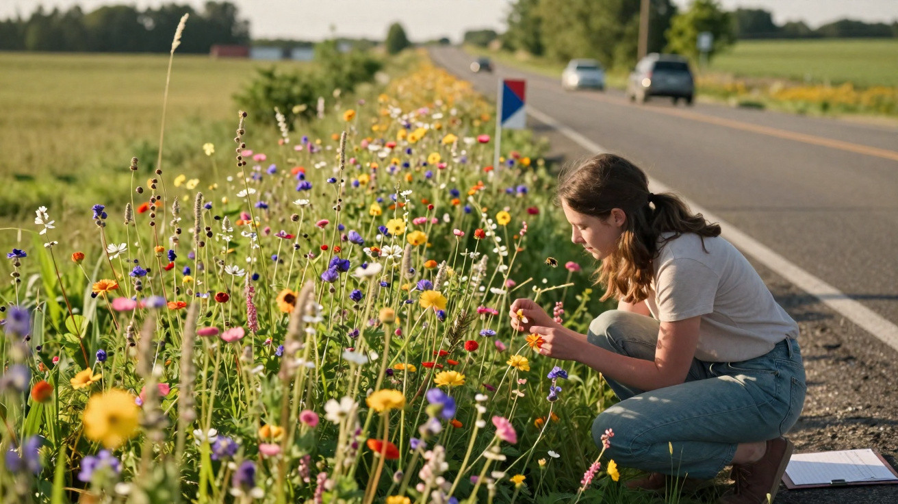 Mulher agachada examinando flores coloridas ao lado de estrada rural ensolarada.