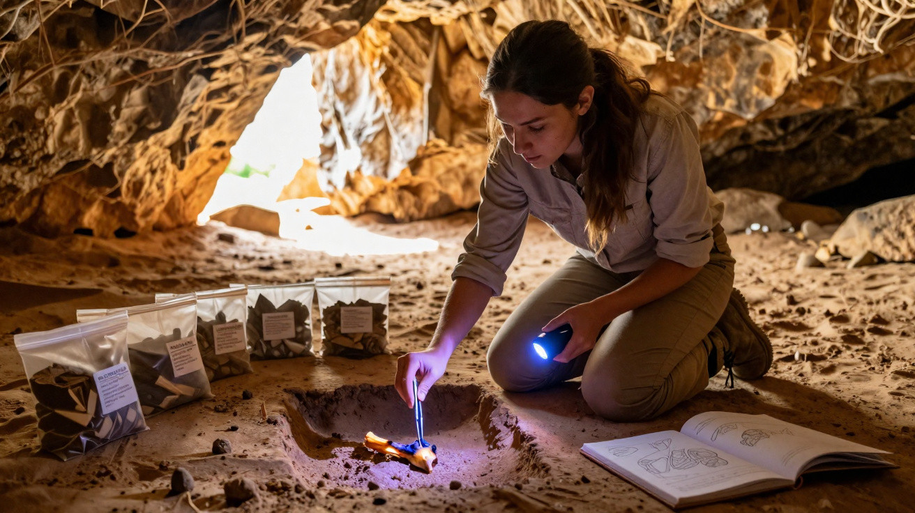 Mulher arqueóloga em caverna examinando fragmento ósseo com pinça e lanterna, ao lado de livro aberto e sacos plásticos.