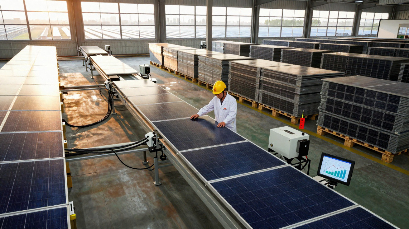 Homem com capacete inspecionando painéis solares em linha de produção dentro de fábrica iluminada pelo sol.
