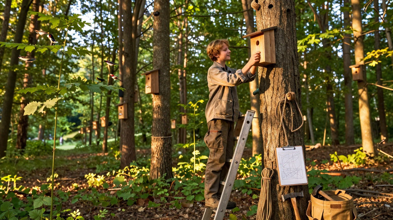 Menino em escada instalando casa de pássaro em árvore no bosque com várias casas semelhantes ao redor.