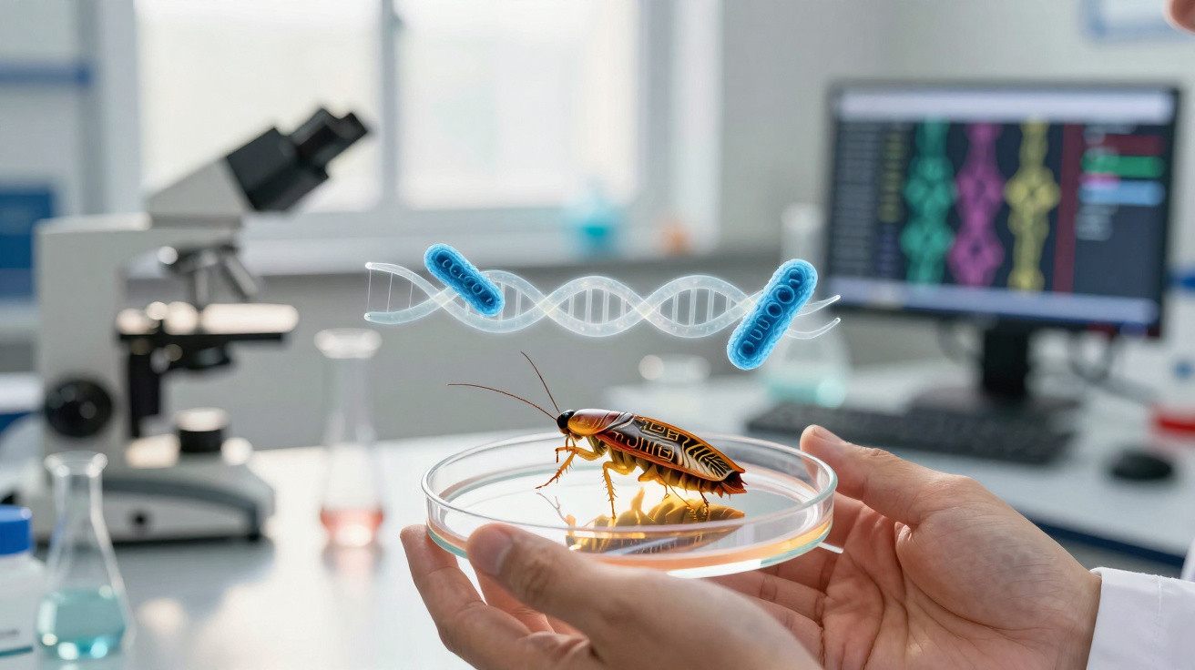 Cientista segurando placa de Petri com barata e ilustração de DNA em laboratório científico.