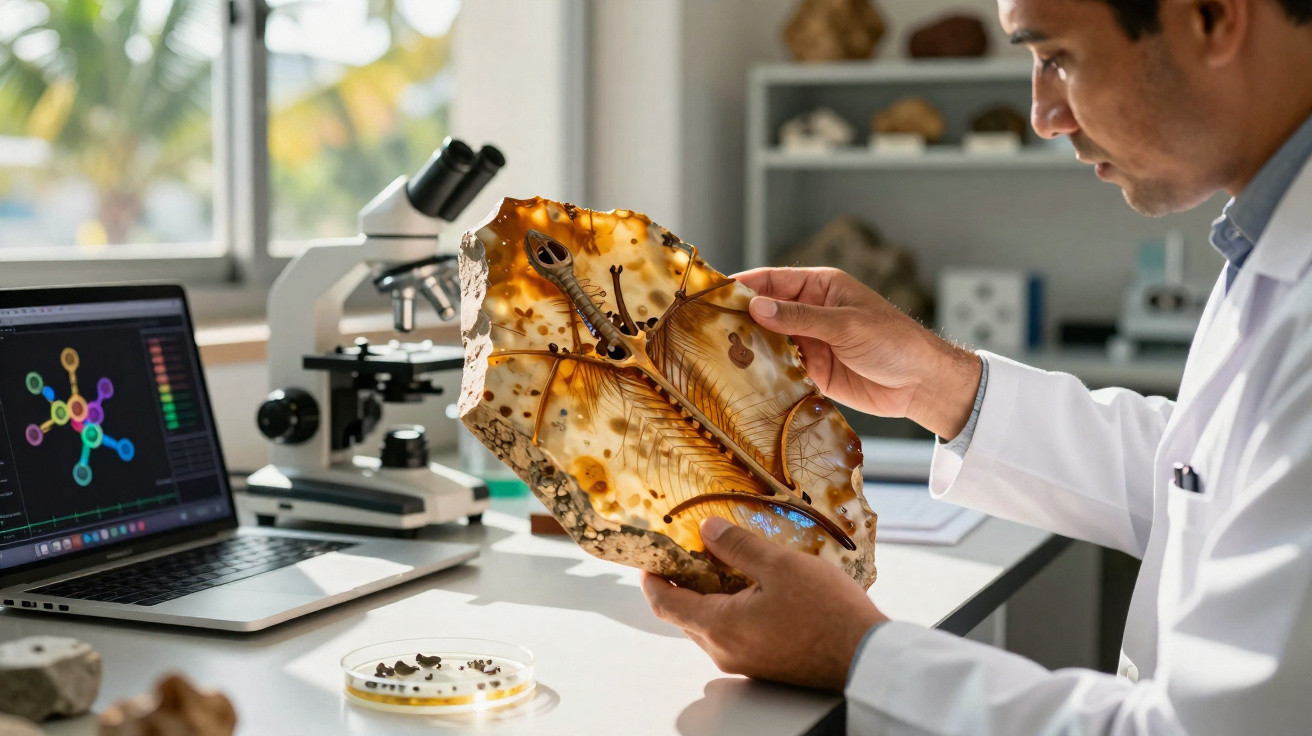 Pesquisador em laboratório observa fóssil detalhado em rocha com microscópio e laptop ao fundo.