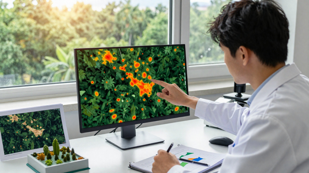 Pesquisador analisa mapa térmico de vegetação em monitor na frente de janela com vista para árvores.
