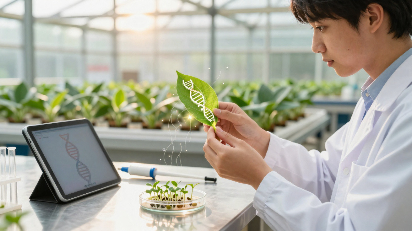 Pesquisador em laboratório examinando folha com representação digital de DNA para estudo genético de plantas.