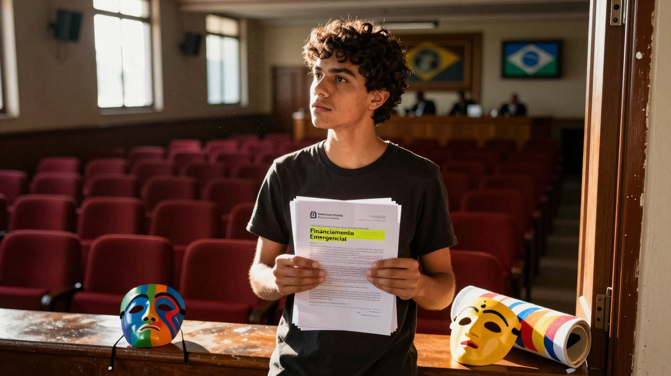 Jovem com documentos na mão em auditório vazio, com duas máscaras coloridas sobre a mesa.