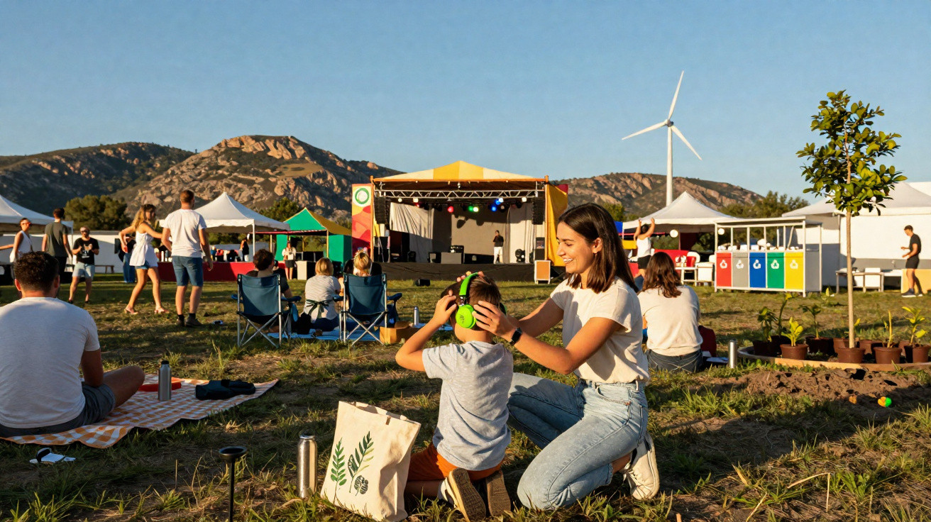 Pessoas desfrutando festival ao ar livre com palco, tendas, e montanhas ao fundo em dia ensolarado.