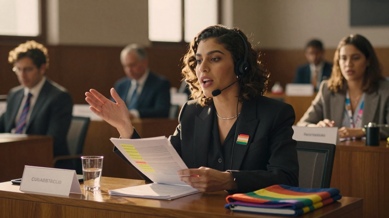 Mulher com microfone de cabeça fala em reunião formal, segurando documentos e com bandeira do orgulho LGBTQ+ na roupa.