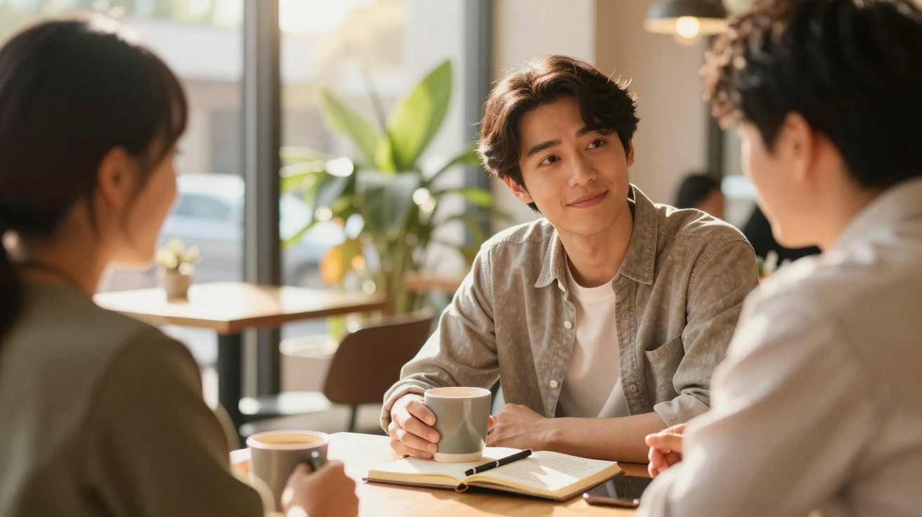 Jovens conversando em café, com caderno aberto e xícaras na mesa, ambiente iluminado e aconchegante.