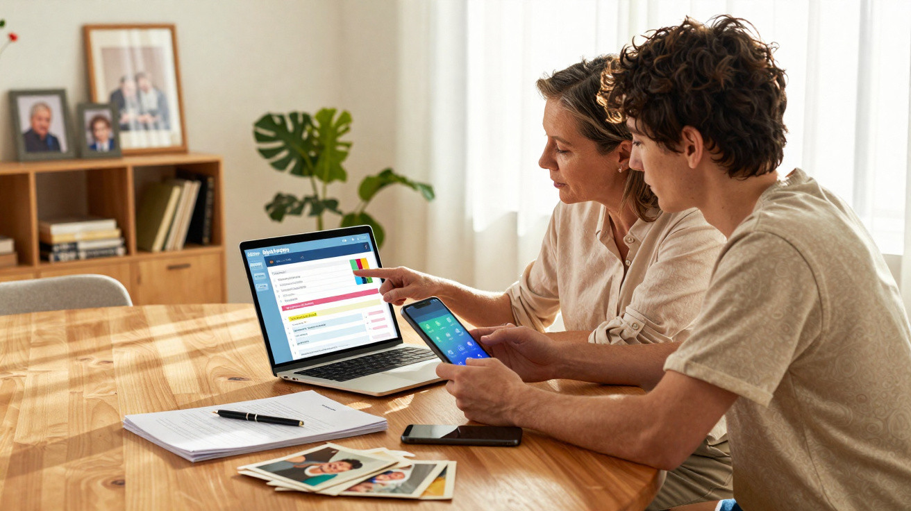 Duas pessoas olhando dados financeiros em um laptop e usando celular em uma mesa de madeira.