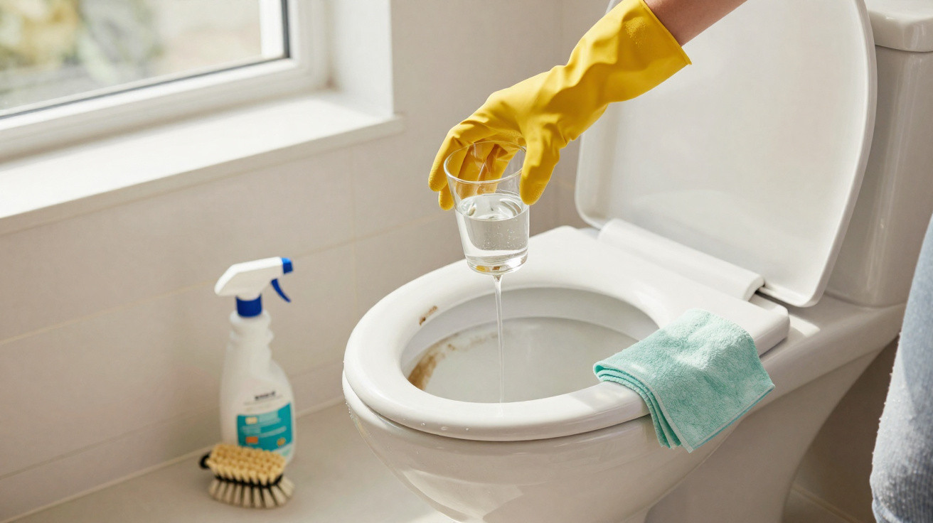 Mão com luva amarela despejando líquido em copo dentro de vaso sanitário com produtos de limpeza ao lado.