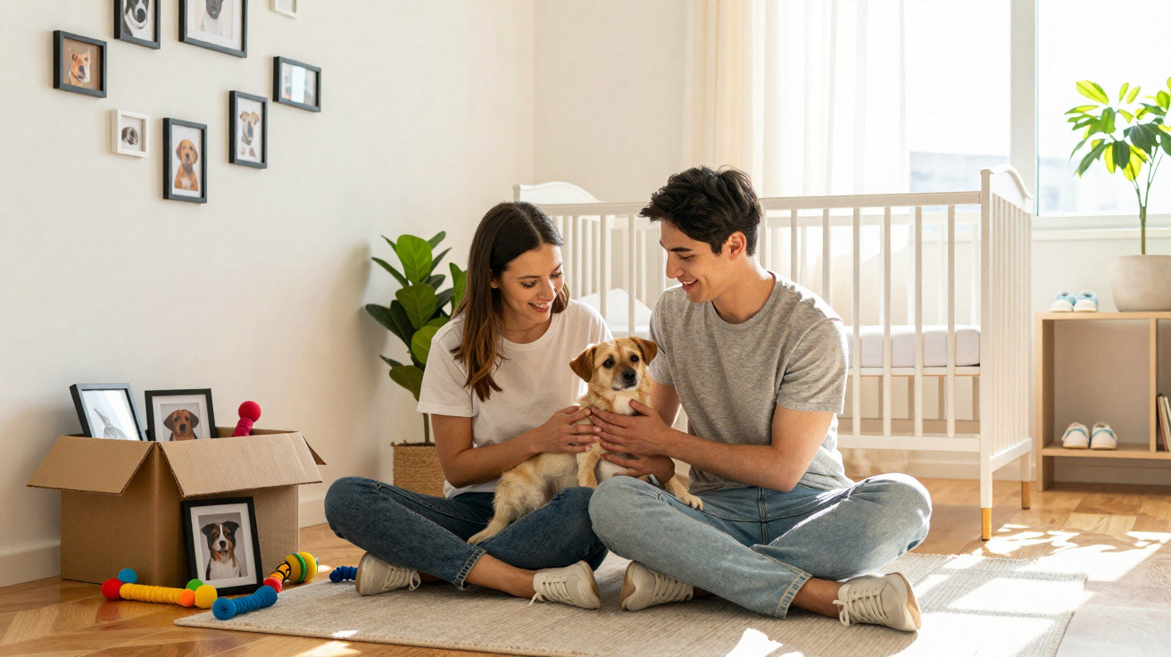Casal jovem sentado no chão de quarto iluminado, sorrindo e segurando cachorro pequeno entre eles.