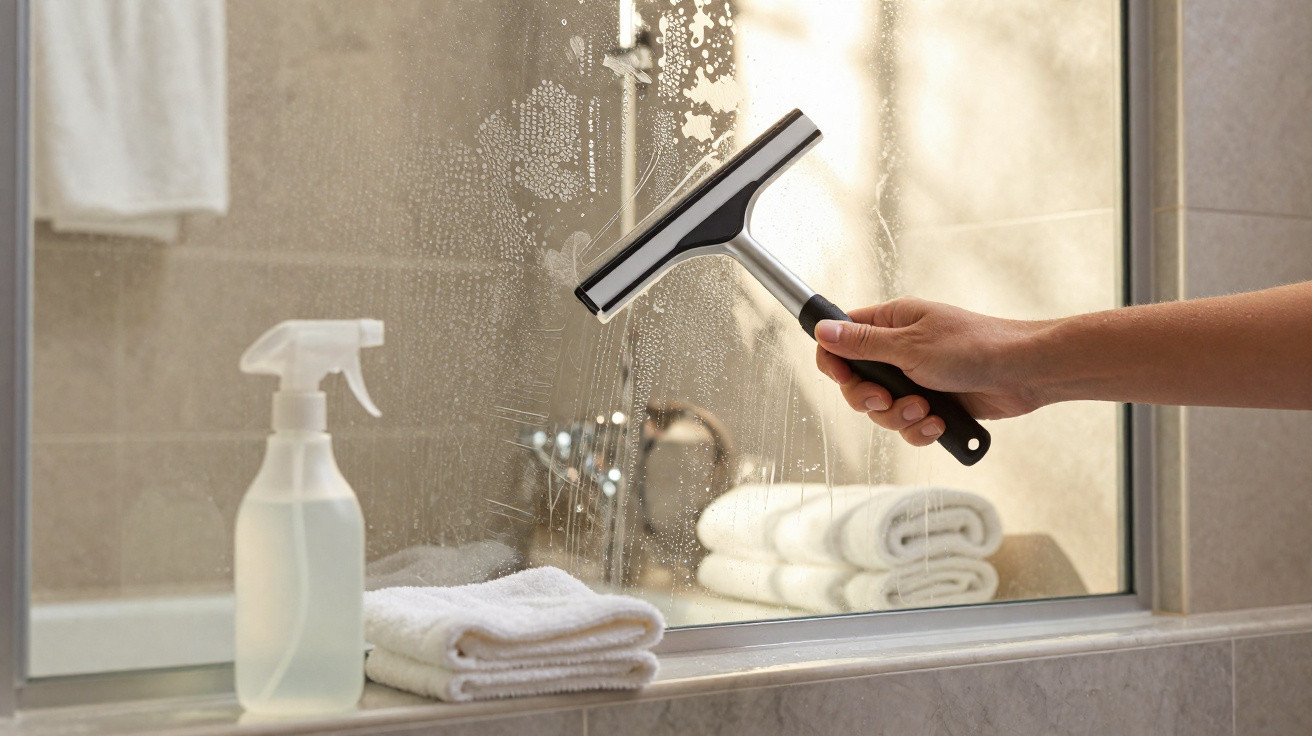 Pessoa limpando vidro de box de banheiro com rodo e produto de limpeza spray.